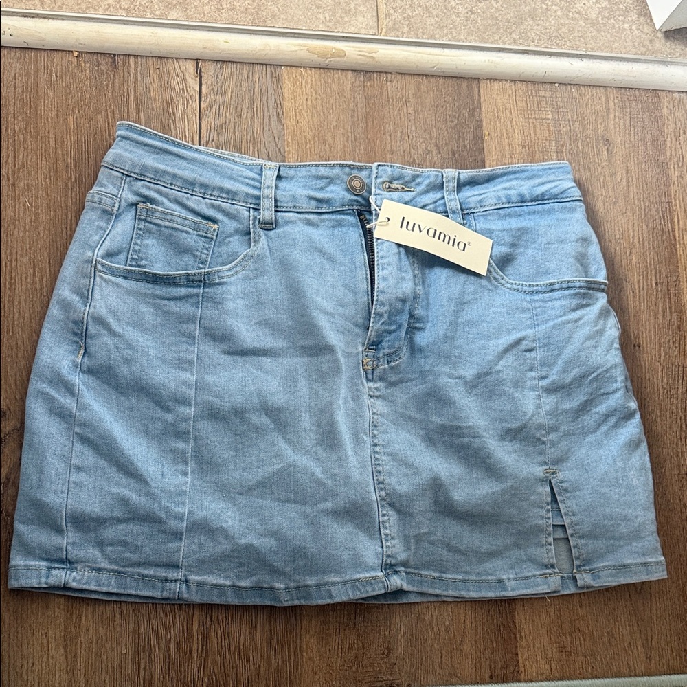Luvamia Denim Mini Skirt in Light Blue
